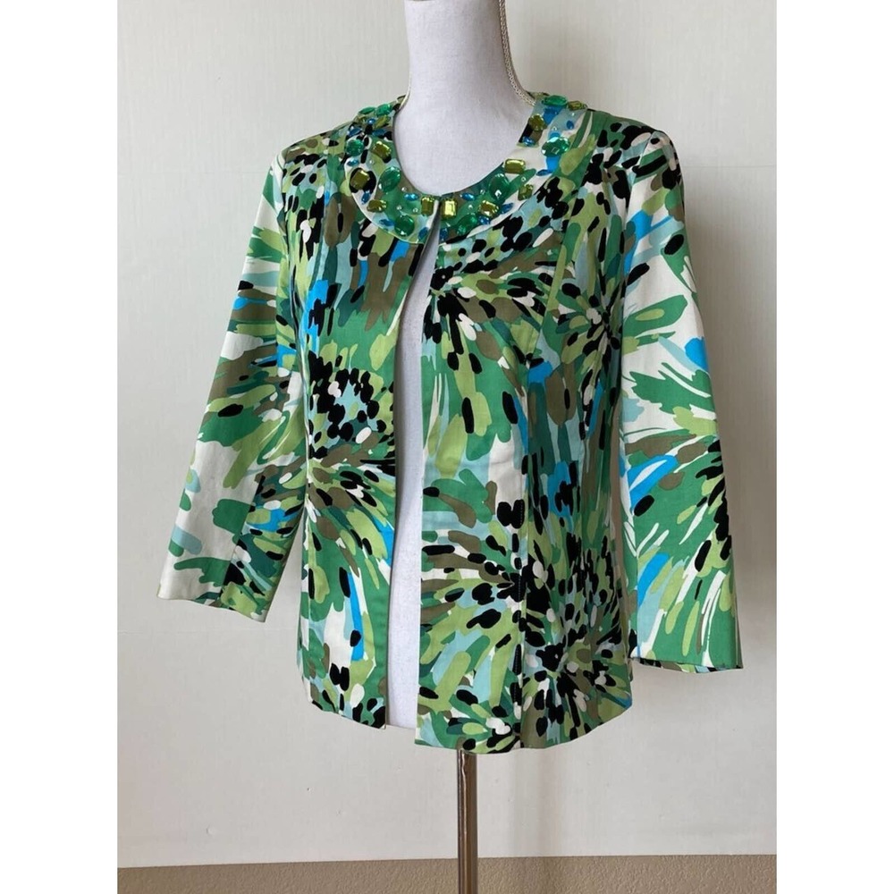Trenz by Theresa Renz Sz S Jacket Greens and Blues Jeweled Neck Bling 3/4 Sleeve